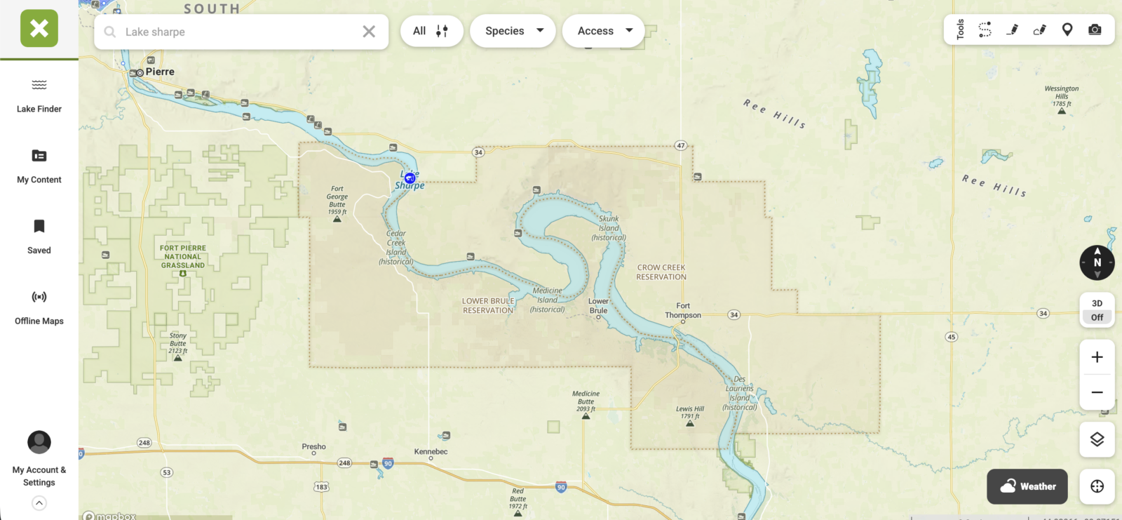 lake sharpe map on the onx fish app 